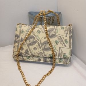 CROSSBODY Wallet W/Gold Tone Chain Womans $100's Pattern RN 134074 Faux Leather